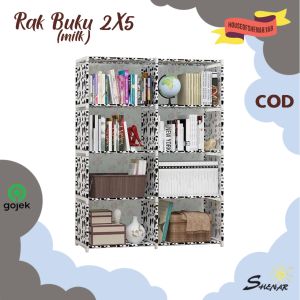 BISA COD RAK BUKU HELM RAK PORTABLE 2 SISI SERBAGUNA BERMOTIF LUCU/ RAK BONGKAR PASANG (RAK BUKU 2x5 - MILK)  SHENAR