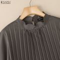 ZANZEA Korean Style Women Summer Solid Color Pleated High-Low Blouses Stand Collar Raglan Sleeve Tops #0929. 