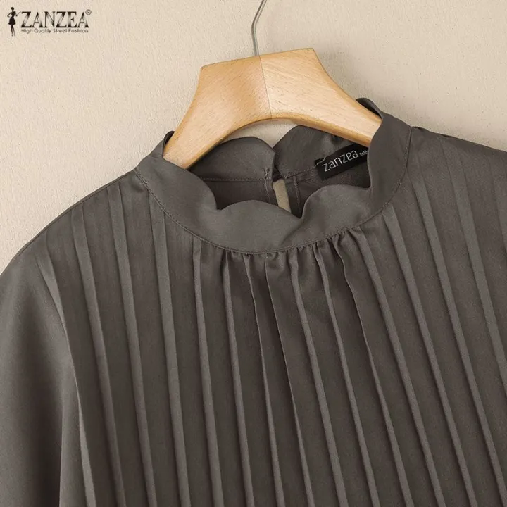 ZANZEA%20Korean%20Style%20Women%20Summer%20Solid%20Color%20Pleated%20High-Low%20Blouses%20Stand%20Collar%20Raglan%20Sleeve%20Tops%20#0929%20-%20Image%207