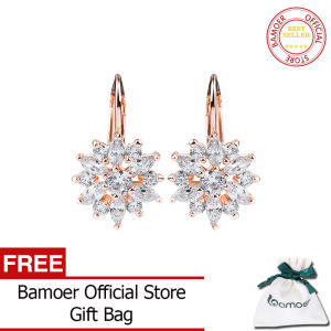 BAMOER Free Shpping Luxury Champagne Gold Flower Stud Earrings with Zircon Stone Women Birthday Gift Bijouterie JIE014
