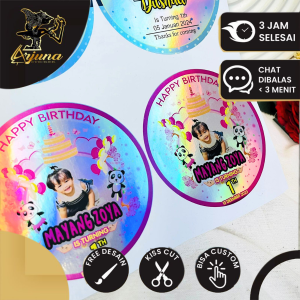 2-4 Hologram Ulang Tahun Sticker Label Undangan Happy Birthday Uk.Kecil Arjuna Free Design