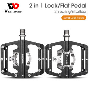 WEST BIKING 2 in 1 Bicycle Lock Pedal with Free Cleat for SPD System MTB Road Aluminum Anti-Slip Sealed Bearing Lock Accessories