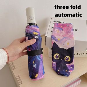 Pink Van Gogh cat umbrella Sunshade umbrella folding automatic Portable student UV umbrella manual umbrella