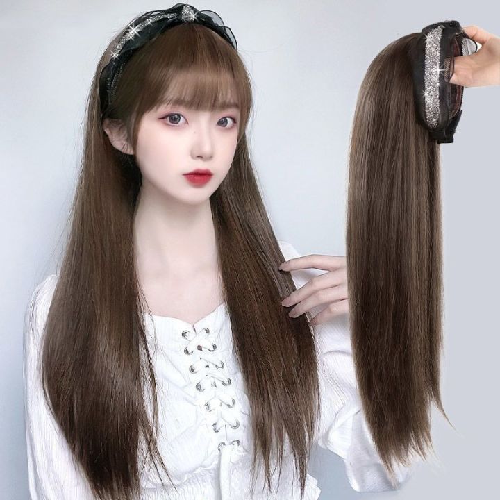 Fashion Long straight Hair Wig with Headband Ponytail Wig For