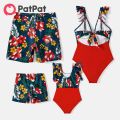 PatPat Family Matching Floral Print & Solid Spliced Ruffle Trim One-piece Swimsuit and Swim Trunks. 