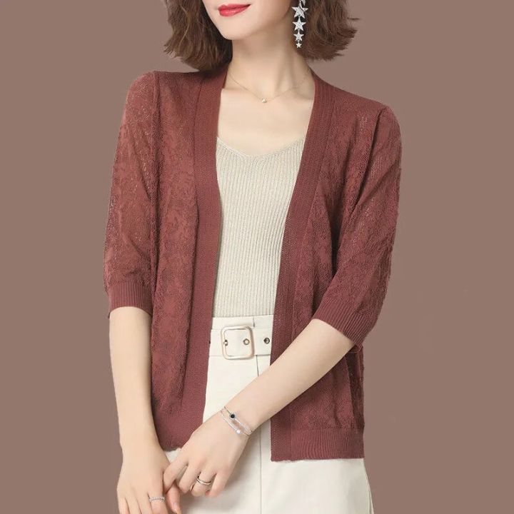 Plus Size 5XL Cardigan Coat Women Solid Colors Half Sleeve Short Knitted Jacket Summer V Neck Sweater Coat Women Jacket