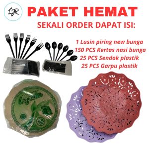 Paket 12 Pcs Piring rotan plastik  + Sendok +  Garpu +  Kertas Nasi