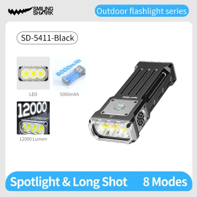 ไฟฉายฉลามยิ้มแอลอีดีซุปเปอร์สว่าง * 3ไฟฉาย12000LM 8โหมด Stepless Dimming Type-C ชาร์จได้กลยุทธ์แสงแฟลชกลางแจ้งกันน้ำฉุกเฉินเดินป่า SD5411