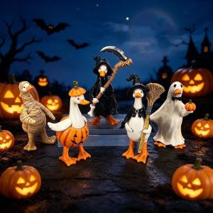 BEIBEI Vivid 3D Halloween Duck Figurine Waterproof Creative Resin Goose Statue Spooky Desk Toy Durable Ghost Pumpkin Sculpture Tabletop Display