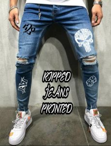 Celana Panjang Jeans Model Ripped Paint Bahan Blue Denim