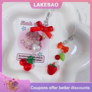 【LAKEBAO】 Dễ Thương Màu Đỏ Cherry Dâu Tây Bow Điện Thoại Di Động Dây Đeo Quyến Rũ Keychain Cho Cô Gái Người Phụ Nữ Túi Máy Ảnh Mặt Dây Chuyền Ngọt Ngào Điện Thoại Di Động Đồ Trang Sức