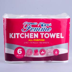 Femme All Purpose Kitchen Towel (6 Rolls) 2 Ply - 75 Pulls - 150 Sheets Thick Strong
