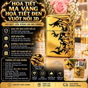 Vỏ Bật Lửa Xăng Đá Màu Vàng Kim Họa Tiết Đen Vuốt Nổi 3D Hợp Kim Kẽm Yiwu DongLing 40×60×15mm – Không Chứa Nhiên Liệu