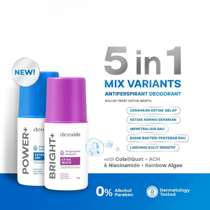 DEOXIDE ANTIPERSPIRANT DEODORANT ROLL ON 60GR/POWER+ EXTRA DRY  BRIGHT+/EXTRA WHITE | Lazada Indonesia