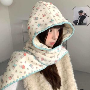 HEALMEYOU Double-Sided Winter Scarf Hat Thick Warm Hooded Earmuffs Scarf Cute Convertible Two-In-One Hat Scarf Women