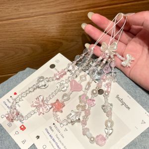 HBESTY Korean Y2K Cute 3D Pink Star Heart Beaded Phone Chain Charm Lanyard For iPhone/Samsung Universal Anti-Loss Hanging Rope Jewelry
