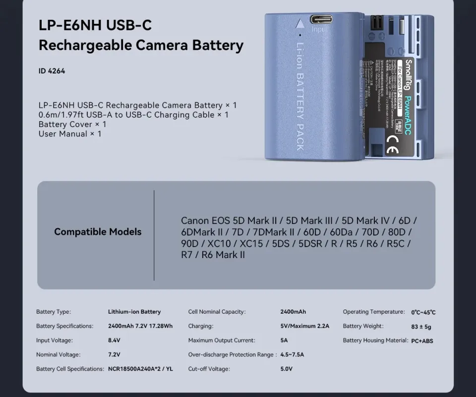 SmallRig LP-E6NH USB-C Rechargeable Camera Battery For Canon Camera For Canon EOS 6D/EOS R5/ EOS R6/EOS R7 4264 / 4968 | Malaysia