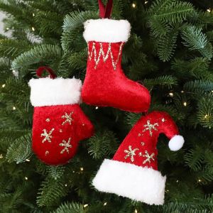 MARBLEX Christmas Hat Christmas Tree Ornaments Christmas Gloves Velvet Xmas Tree Pendants Premium Gold Sequin Hanging Christmas Decorations Christmas Tree