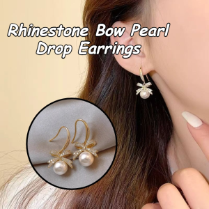Rhinestone Bow Pearl Drop Earrings Gold Plated Hypoallergenic Ear Hooks For Women Daily Party Wear