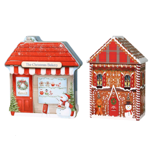 Festival Christmas Houses Shape Tin Box Holiday Decorative Metal Container For Holiday Decors And Candy Storage Organizers