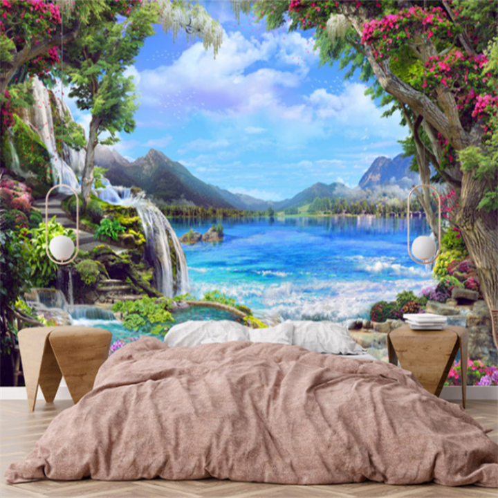 Custom Natural Scenery Wallpaper Forest Waterfall Mural Living Room ...