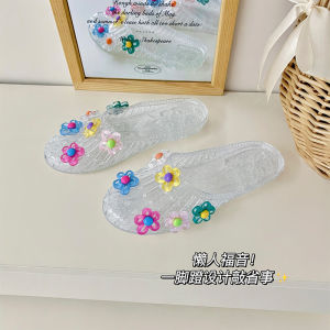 Free Shipping Cute Crystal Flower Sandals For Women Flat Transparent Half-Slipper Style Suitable For Outdoor Wear Jelly Shoes Soft-Soled With A Closed-Toe Design WomenS Outdoor Shoes