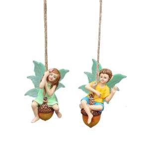 2pcs nghệ thuật Nhựa Nàng Tiên cậu bé và cô gái trên Pinecone Swing treo bức tượng nhỏ ngoài trời đồ trang trí vườn đồ trang trí