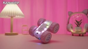 Pink Remote Control Car for Girls RC Cars for Kids with DIY Sticker & Colorful Lights 2.4Ghz Double Sided 360 °   Flips 4WD Stunt Car Rechargeable Toy Cars for Girl Ages 4-6 5-7 6-8 8-12 Birthday Gift