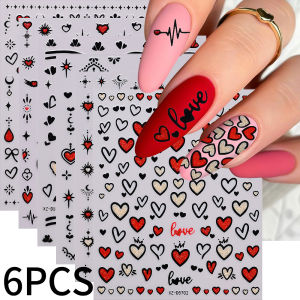 ZEEMIN 6Sheets Y2k White Bowknot Red Love Glitter Nail Decals 3D Heart Bow Nail Art Stickers Slider DIY Adhesive Manicure Sticker Decor