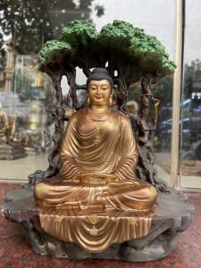 Tượng phật thích ca ngồi gốc cây bằng đồng vẽ màu cực đẹp cao 30cm rộng 24cm nặng 8kg