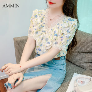 Ammin áo cánh in họa tiết xếp nếp ngắn tay ngọt ngào và đa năng mới cho nữ mùa hè Áo voan hoa nhỏ khâu ren trăm Mảnh Cổ Chữ V khí chất mẫu thời trang phong cách Hàn Quốc