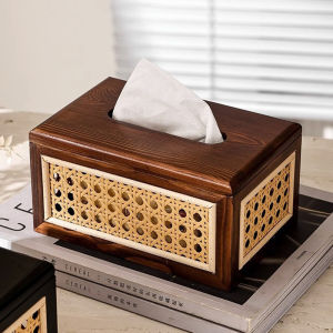 Vintage Rattan wood Tissue Box Desktop Tissue Holder Handwoven Drawing Box Style Organizer Home Decor