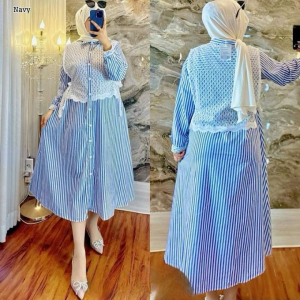 Midi Terbaru 2024 Kekinian Retta #3 Midi Bahan Katun Salur Dress Kondangan Wanita Motif Garis Simple