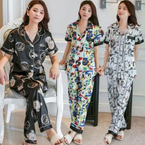 CP Mall Premium [New Arrival] [Local Ready Stock] Ice Silk Modern Collection Essentials Women Long Sleeve Collar Printed Pyjamas Sets Baju Tidur with Long Pant - S1115 (with 4 Design Colours optional) Baju Tidur Wanita Sleepwear