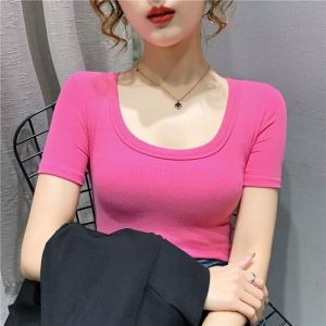 Her Store Women Round Neck Solid Color Short Sleeved T-shirt Black Short Sleeves Tshirt Slim Crop Tshirt Basic BlouseTop