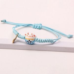 COUPLECOL Dây cầm tay Vòng tay Maneki Neko dây chuyền mèo bằng gốm Thủ công Dây bện màu Đỏ Dễ thương Phụ kiện trang sức Nhẫn đeo tay nữ Người yêu