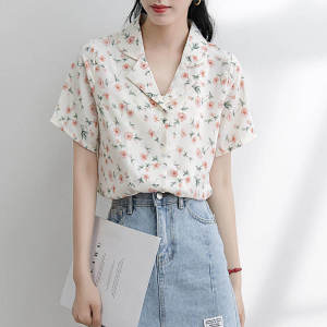 223SHUFU 2318 Ready Stock chiffon blouse for women korean floral cal short sleeve top lapel printed shirt plus size