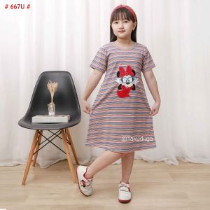 Baju Anak Cewek Perempuan Dress Salur Kaos Usia 1 2 3 4 5 6 7 8 Tahun Bordir Gambar Minnie Mouse