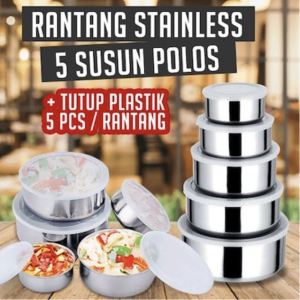 RANTANG 5 SUSUN STAINLESS STEEL / POLOS KOTAK MAKAN TEMPAT MAKANAN BEKAL FRESH BOX TUTUP PLASTIK / TOPLES