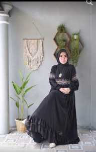 Dress Pesta Terbaru Murah Elegan Mewah Kekinian Gamis Ceruty Motif Polos Model Renda Naila