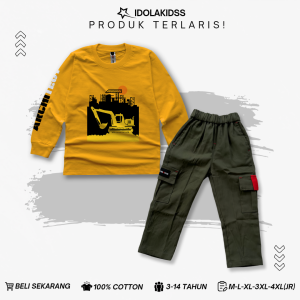 Terbaru Setelan Kaos Distro Anak Lengan Panjang RIB Celana Cargo Panjang Usia 3-12 Tahun Premium
