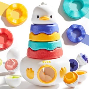 3-in-1 Baby Toys 12-18 Months Stacking Ring Toys for Toddlers 1-3 6 Pcs Eggs Toy Matching Game Shape Sorter Roly-Poly Sensory Toys Montessori Early Learning Gifts for Girls Boys