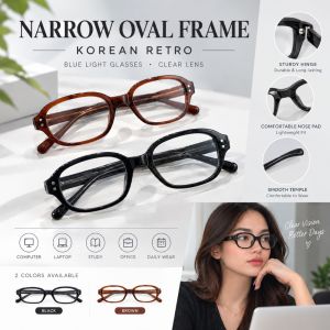 Korean Narrow Oval Rectangle Blue Light Filter Glasses for Women Men Retro Clear Lens Eyeglasses for Computer Laptop Study Office Daily Wear