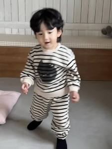 Childrens Outfit for Autumn Baby Outing Clothes Spring and Autumn Korean Style Childrens Clothing Boys Striped Cat Outfit Autumn Apparel