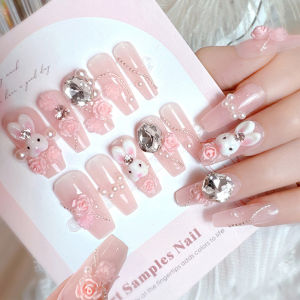 ZEEMIN 24Pcs 3D Pink Bunny Press on Fake Nails Handmade Flower Rhinestone Pearl Rabbit Y2k False Nails Set Cute Girls Fashion Nail tips
