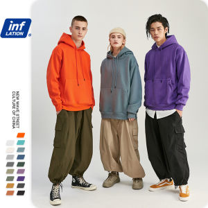 Inflation Style Youth Boys stylish Girls Campus College Style Sunshine Thick 350g Autumn main push pure color plus velvet thick oversize off-the-shoulder European and American style male hooded sweater