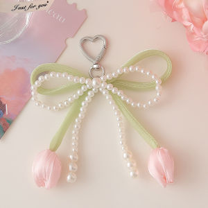 Tulip Flower Keychain Sweet Tulip Flower Pearl Keychain Bag Pendant Pearl Bowknot Phone Charm Pendant Gift Accessories