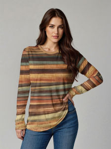 [Local Stock] ZEEMIN Autumn Vintage Stripe 3d Print Long Sleeve T-Shirt Women Clothing Long Sleeve T-shirt Fashion Casual Oversized Tops Tees Female