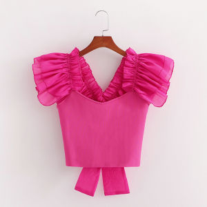 Women Ruffled organza sleeve Bow Tank Tops Summer New Square collar Knitted Slim Female crop tops Party club NKEO 9T 185