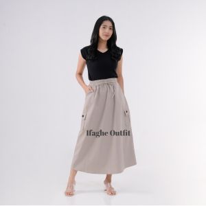 IF - Rok Cargo Bahan Katun Twill Combed Premium Skirt Panjang Korean Style Wanita Kuliah Kerja Kekinian Pinggang full Karet Bawahan Cewek Casual Dewasa Bentuk A line